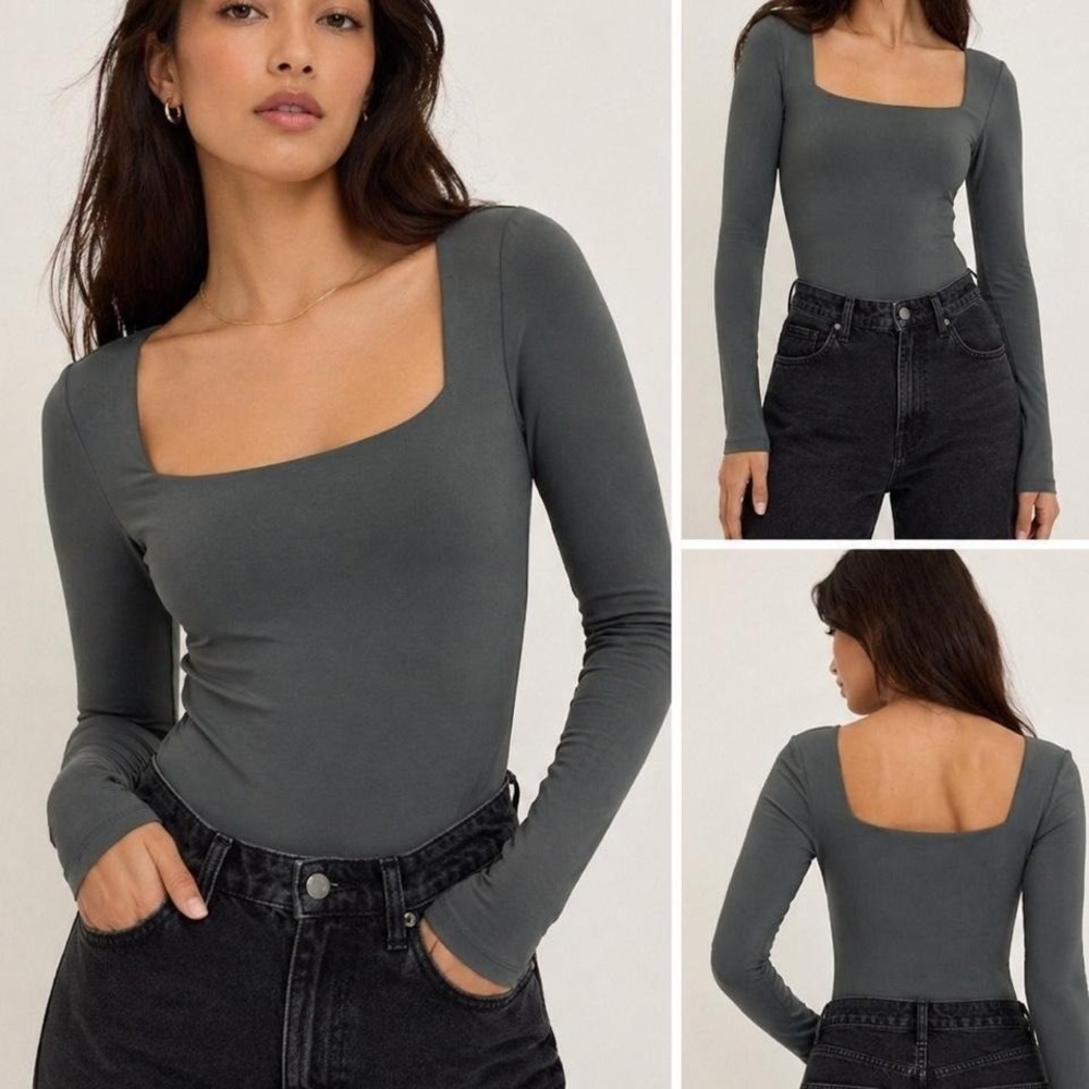 Babaton Aritzia Square Neck Long Sleeve Bodysuit Olive Green Size M Fitted‎ 0273